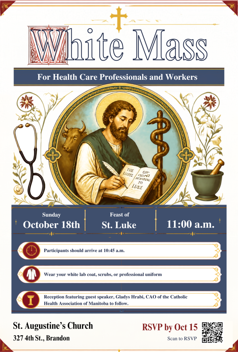 White Mass for Health Care Professionals, October 18 St. Augustine’s invites all health care professionals and workers to the White Mass, celebrated on the Feast of St. Luke, patron of physicians and healers.